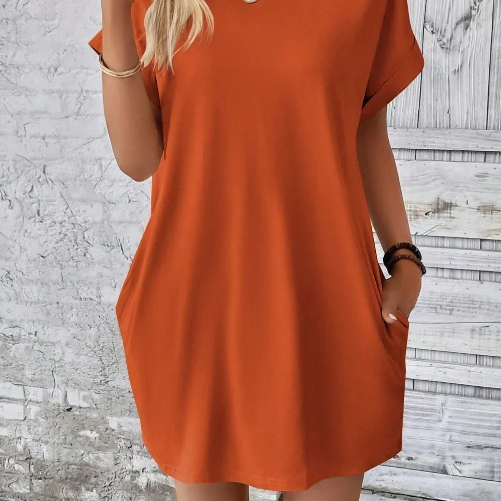 Burnt Orange Boho Womens  Solid Batwing Sleeve Hidden Pocket Tee Dress - Picture 3 of 5